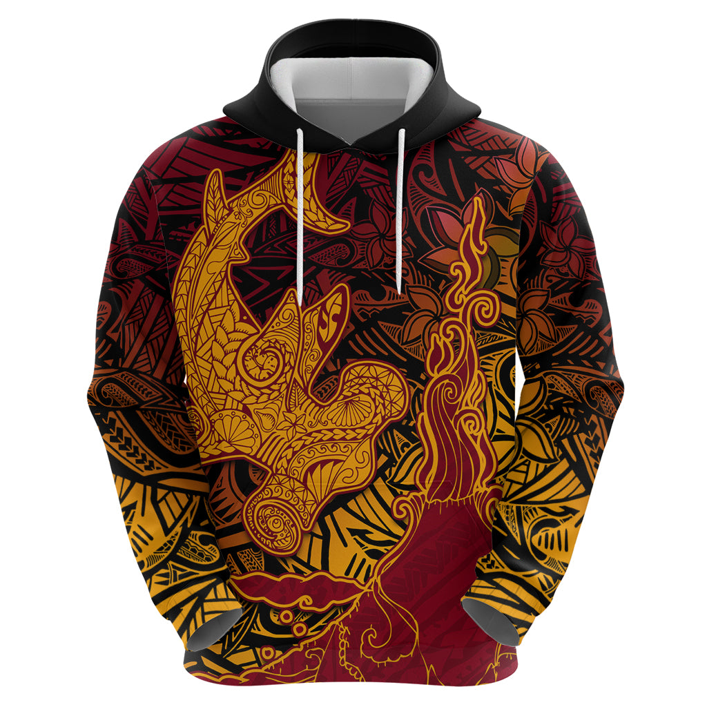 Hawaiian Volcano and Shark Zip Hoodie Polynesian and Hibiscus Pattern Lava Color