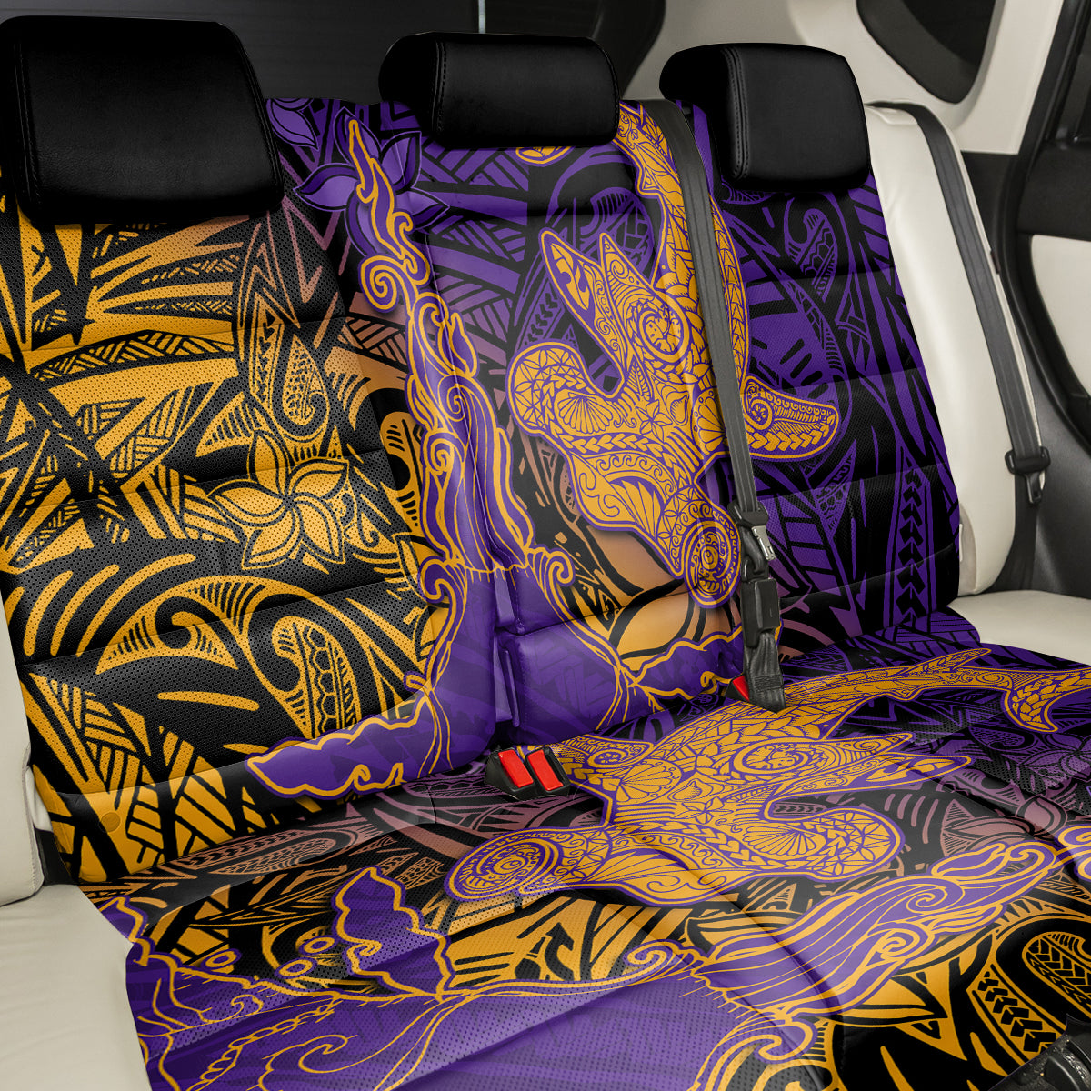 Hawaiian Volcano and Shark Back Car Seat Cover Polynesian and Hibiscus Pattern Purple Yellow Gradient