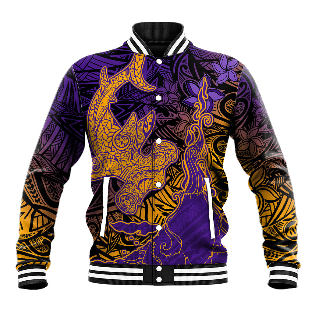 Hawaiian Volcano and Shark Baseball Jacket Polynesian and Hibiscus Pattern Purple Yellow Gradient