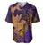 Hawaiian Volcano and Shark Baseball Jersey Polynesian and Hibiscus Pattern Purple Yellow Gradient