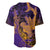 Hawaiian Volcano and Shark Baseball Jersey Polynesian and Hibiscus Pattern Purple Yellow Gradient