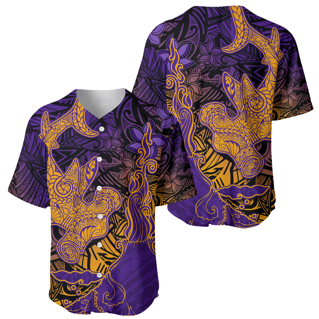 Hawaiian Volcano and Shark Baseball Jersey Polynesian and Hibiscus Pattern Purple Yellow Gradient