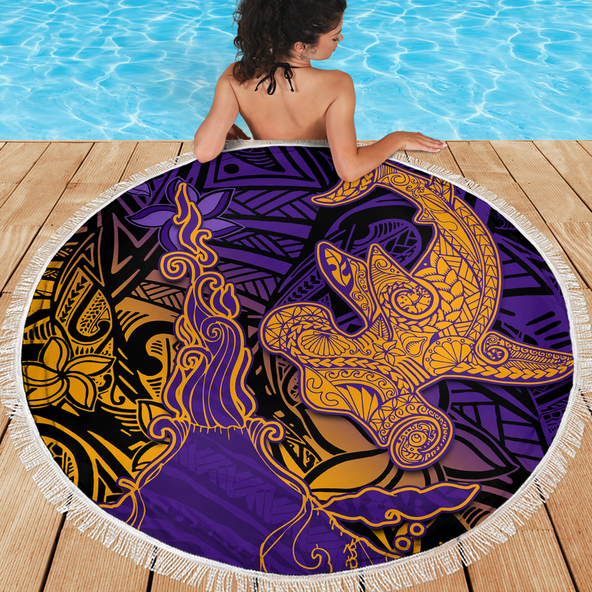 Hawaiian Volcano and Shark Beach Blanket Polynesian and Hibiscus Pattern Purple Yellow Gradient