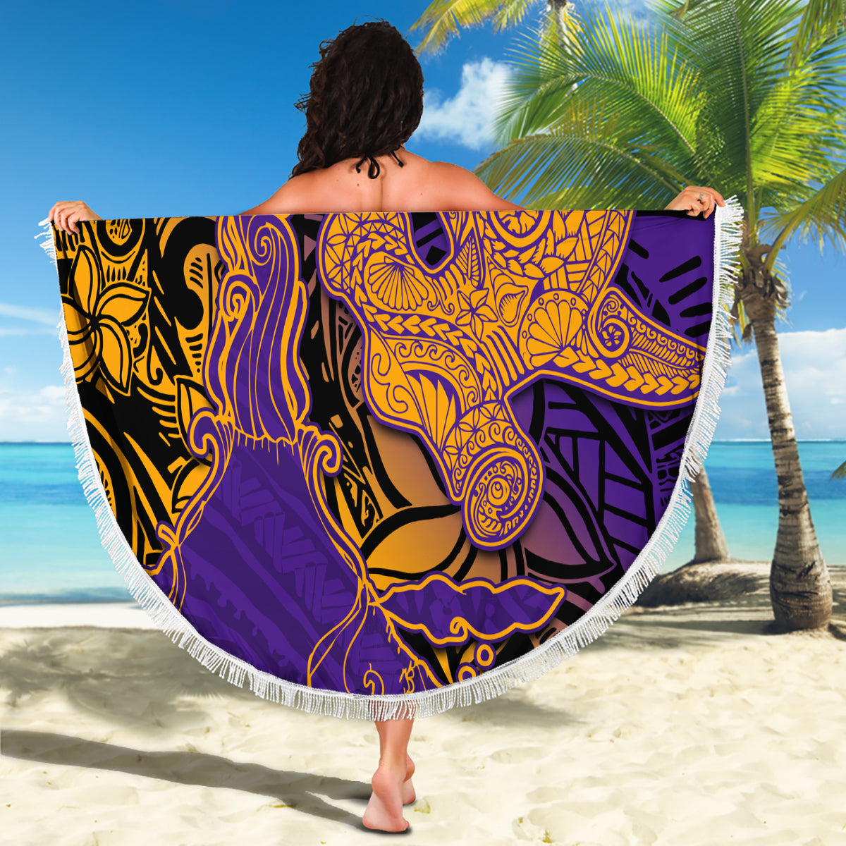 Hawaiian Volcano and Shark Beach Blanket Polynesian and Hibiscus Pattern Purple Yellow Gradient
