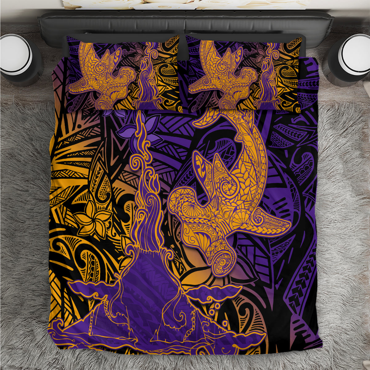 Hawaiian Volcano and Shark Bedding Set Polynesian and Hibiscus Pattern Purple Yellow Gradient