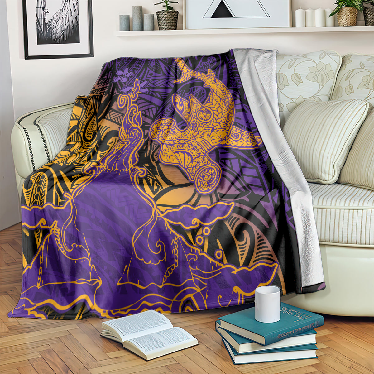 Hawaiian Volcano and Shark Blanket Polynesian and Hibiscus Pattern Purple Yellow Gradient