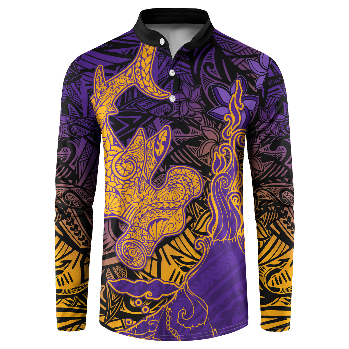 Hawaiian Volcano and Shark Button Sweatshirt Polynesian and Hibiscus Pattern Purple Yellow Gradient