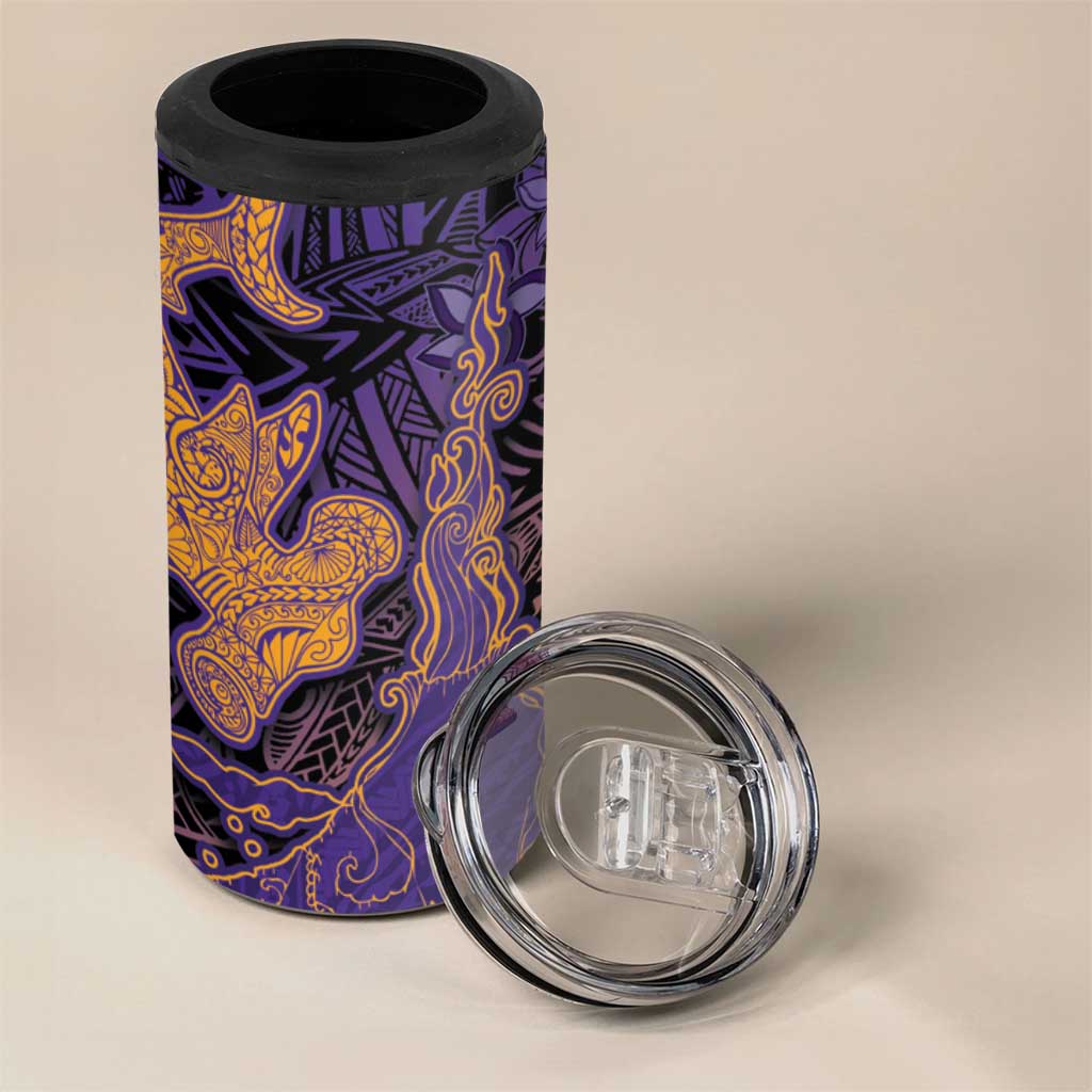 Hawaiian Volcano and Shark 4 in 1 Can Cooler Tumbler Polynesian and Hibiscus Pattern Purple Yellow Gradient