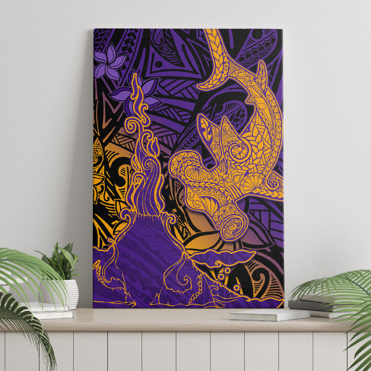 Hawaiian Volcano and Shark Canvas Wall Art Polynesian and Hibiscus Pattern Purple Yellow Gradient