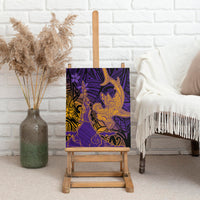 Hawaiian Volcano and Shark Canvas Wall Art Polynesian and Hibiscus Pattern Purple Yellow Gradient