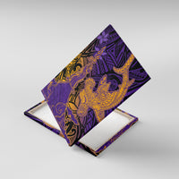 Hawaiian Volcano and Shark Canvas Wall Art Polynesian and Hibiscus Pattern Purple Yellow Gradient