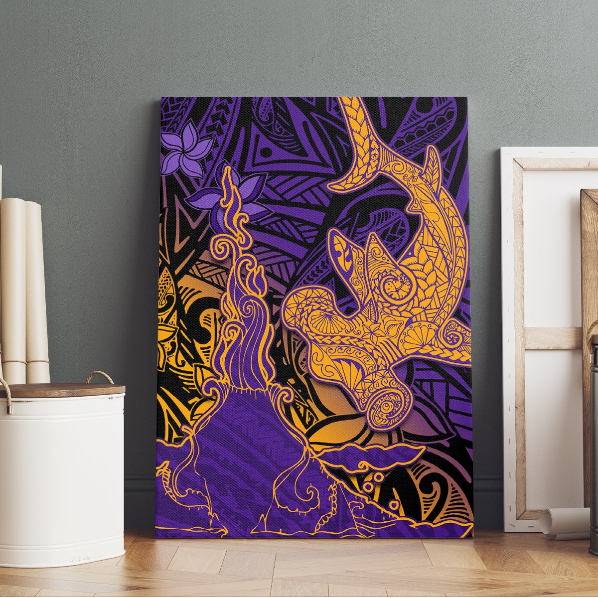 Hawaiian Volcano and Shark Canvas Wall Art Polynesian and Hibiscus Pattern Purple Yellow Gradient