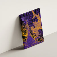 Hawaiian Volcano and Shark Canvas Wall Art Polynesian and Hibiscus Pattern Purple Yellow Gradient