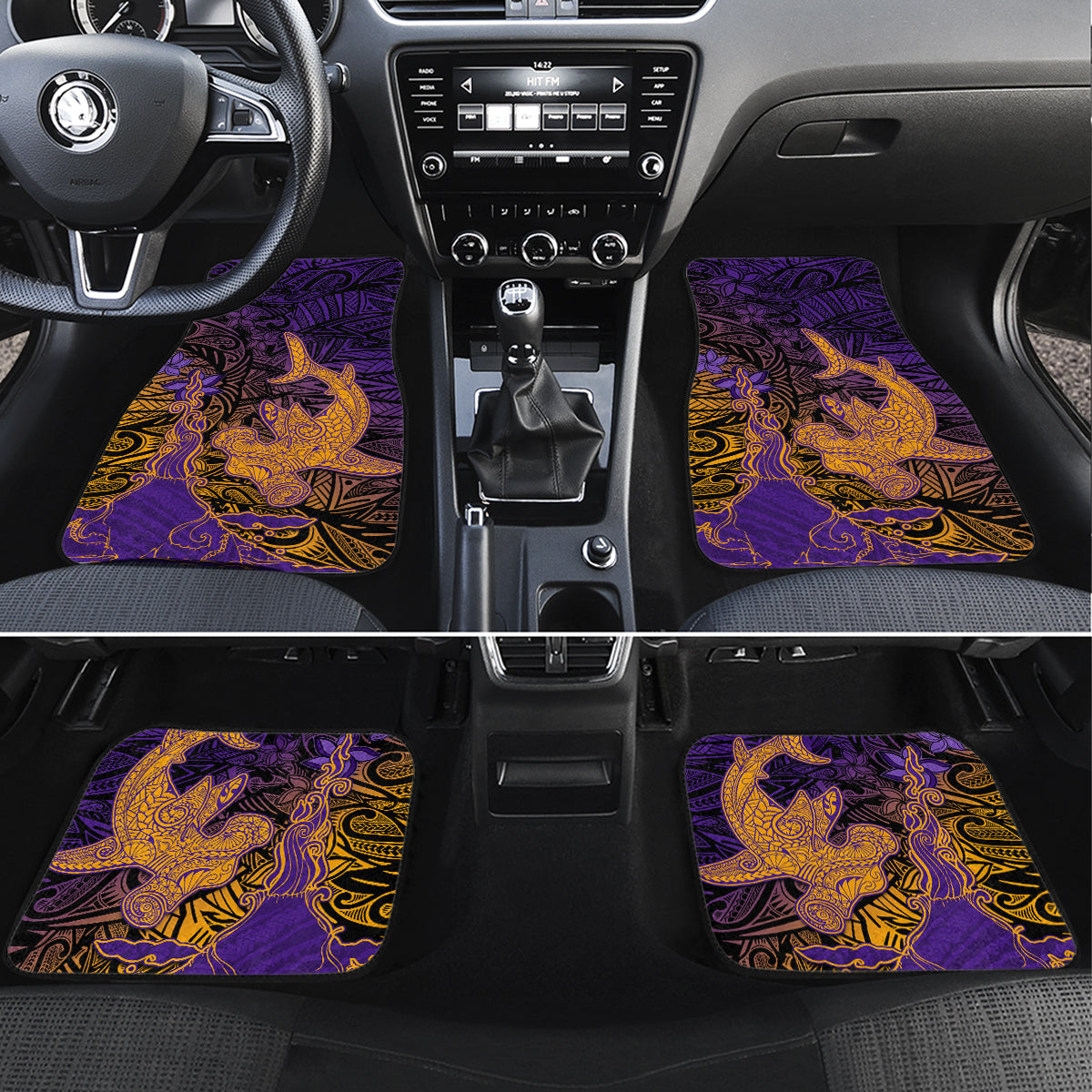 Hawaiian Volcano and Shark Car Mats Polynesian and Hibiscus Pattern Purple Yellow Gradient