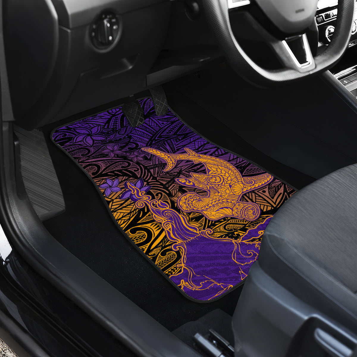 Hawaiian Volcano and Shark Car Mats Polynesian and Hibiscus Pattern Purple Yellow Gradient