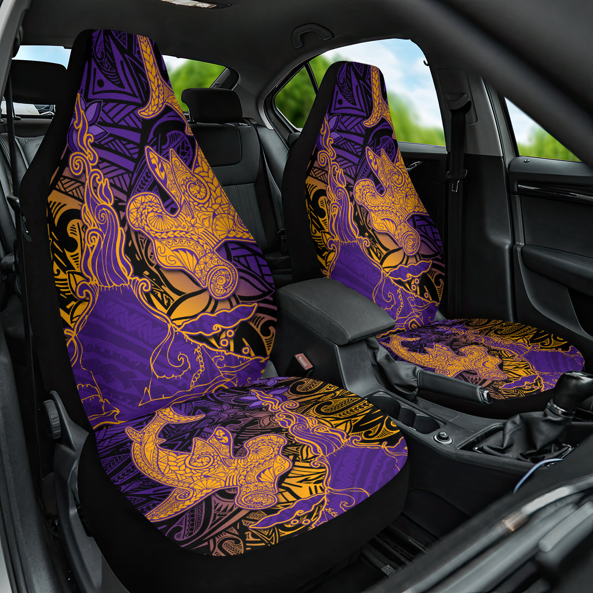 Hawaiian Volcano and Shark Car Seat Cover Polynesian and Hibiscus Pattern Purple Yellow Gradient