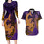 Hawaiian Volcano and Shark Couples Matching Long Sleeve Bodycon Dress and Hawaiian Shirt Polynesian and Hibiscus Pattern Purple Yellow Gradient