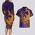 Hawaiian Volcano and Shark Couples Matching Long Sleeve Bodycon Dress and Hawaiian Shirt Polynesian and Hibiscus Pattern Purple Yellow Gradient