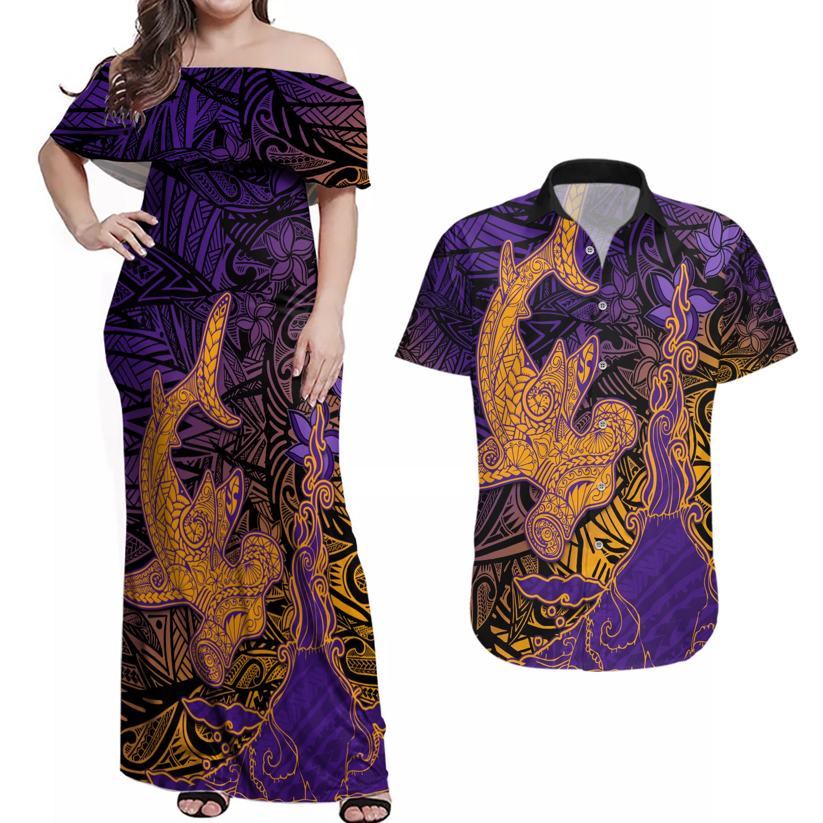 Hawaiian Volcano and Shark Couples Matching Off Shoulder Maxi Dress and Hawaiian Shirt Polynesian and Hibiscus Pattern Purple Yellow Gradient