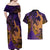 Hawaiian Volcano and Shark Couples Matching Off Shoulder Maxi Dress and Hawaiian Shirt Polynesian and Hibiscus Pattern Purple Yellow Gradient