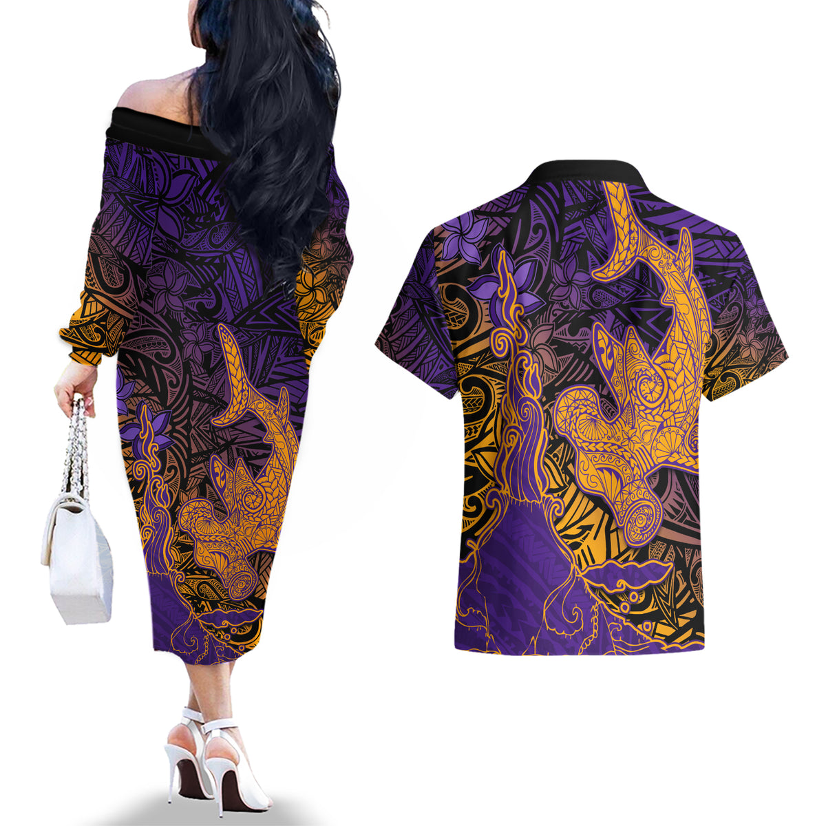 Hawaiian Volcano and Shark Couples Matching Off The Shoulder Long Sleeve Dress and Hawaiian Shirt Polynesian and Hibiscus Pattern Purple Yellow Gradient