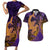 Hawaiian Volcano and Shark Couples Matching Short Sleeve Bodycon Dress and Hawaiian Shirt Polynesian and Hibiscus Pattern Purple Yellow Gradient