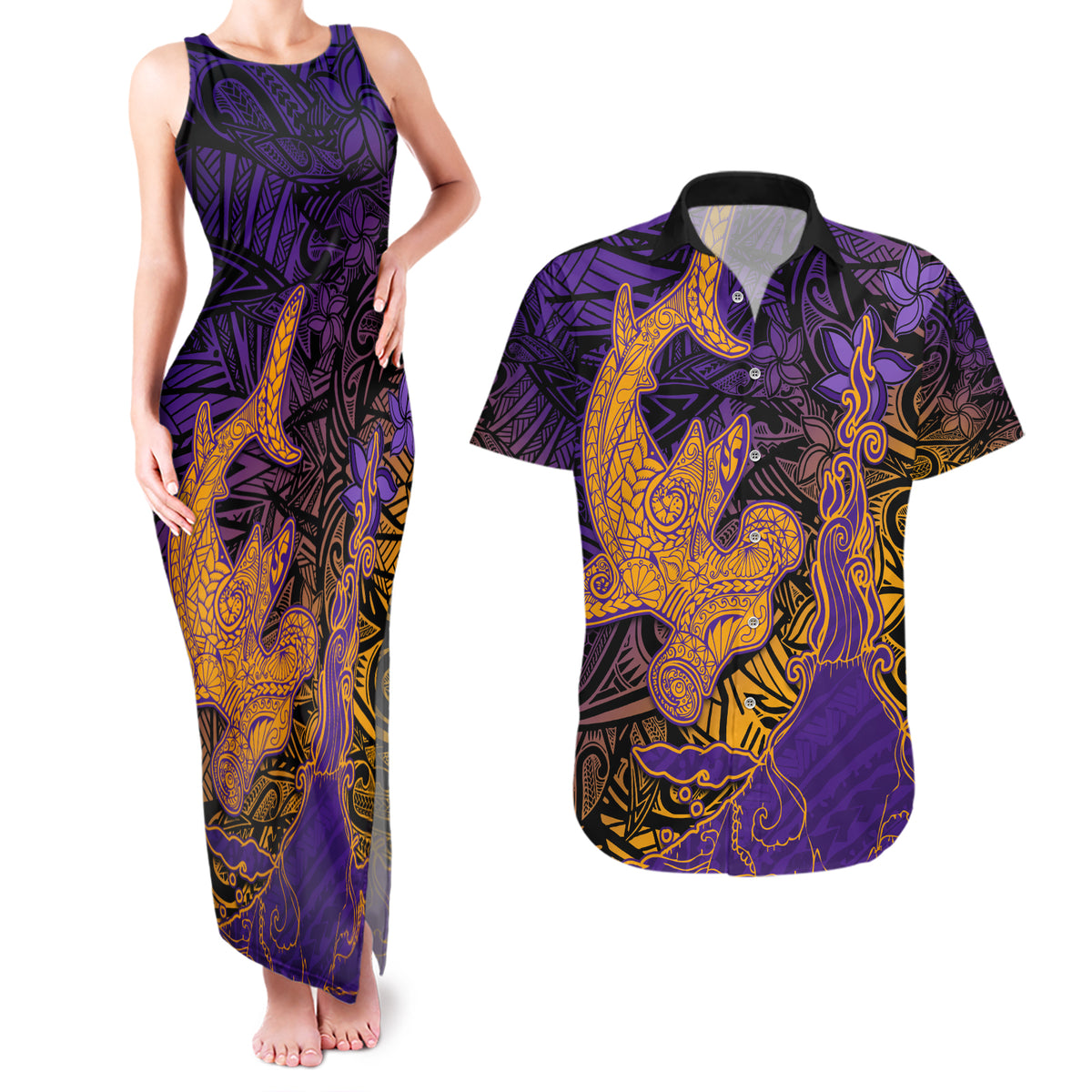 Hawaiian Volcano and Shark Couples Matching Tank Maxi Dress and Hawaiian Shirt Polynesian and Hibiscus Pattern Purple Yellow Gradient