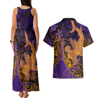 Hawaiian Volcano and Shark Couples Matching Tank Maxi Dress and Hawaiian Shirt Polynesian and Hibiscus Pattern Purple Yellow Gradient