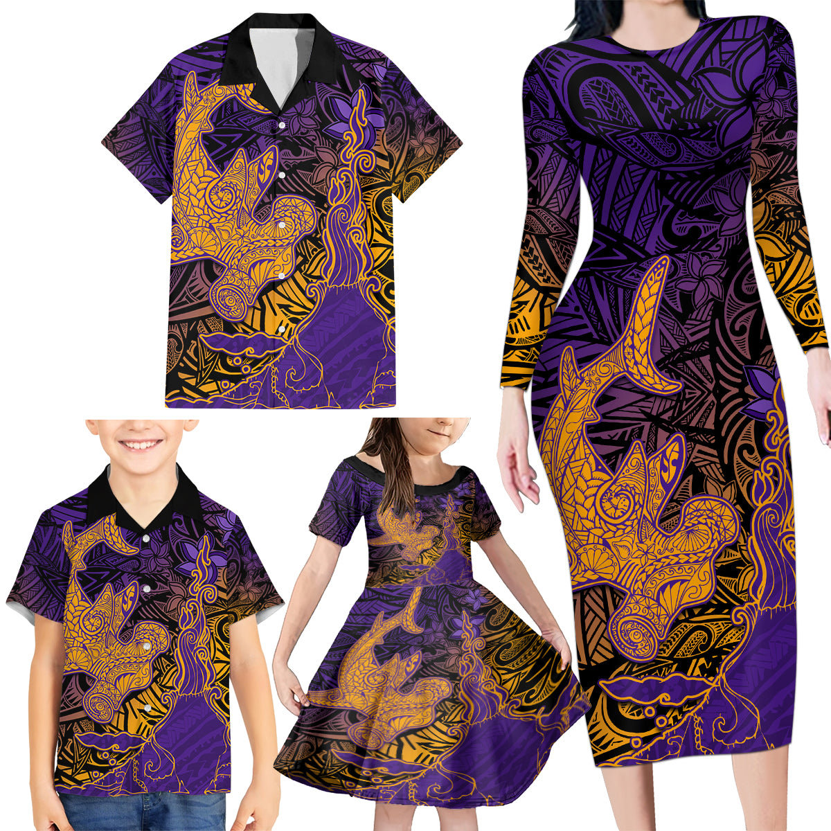 Hawaiian Volcano and Shark Family Matching Long Sleeve Bodycon Dress and Hawaiian Shirt Polynesian and Hibiscus Pattern Purple Yellow Gradient