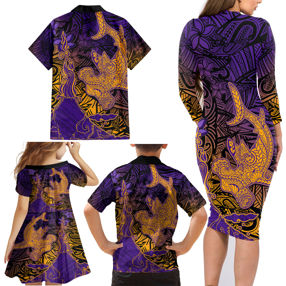Hawaiian Volcano and Shark Family Matching Long Sleeve Bodycon Dress and Hawaiian Shirt Polynesian and Hibiscus Pattern Purple Yellow Gradient
