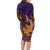 Hawaiian Volcano and Shark Family Matching Long Sleeve Bodycon Dress and Hawaiian Shirt Polynesian and Hibiscus Pattern Purple Yellow Gradient