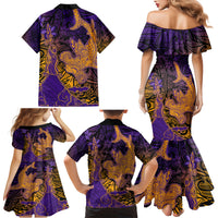 Hawaiian Volcano and Shark Family Matching Mermaid Dress and Hawaiian Shirt Polynesian and Hibiscus Pattern Purple Yellow Gradient