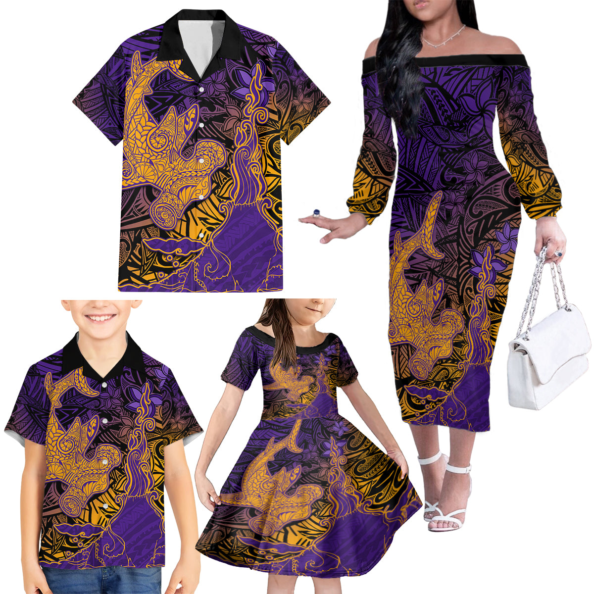 Hawaiian Volcano and Shark Family Matching Off The Shoulder Long Sleeve Dress and Hawaiian Shirt Polynesian and Hibiscus Pattern Purple Yellow Gradient