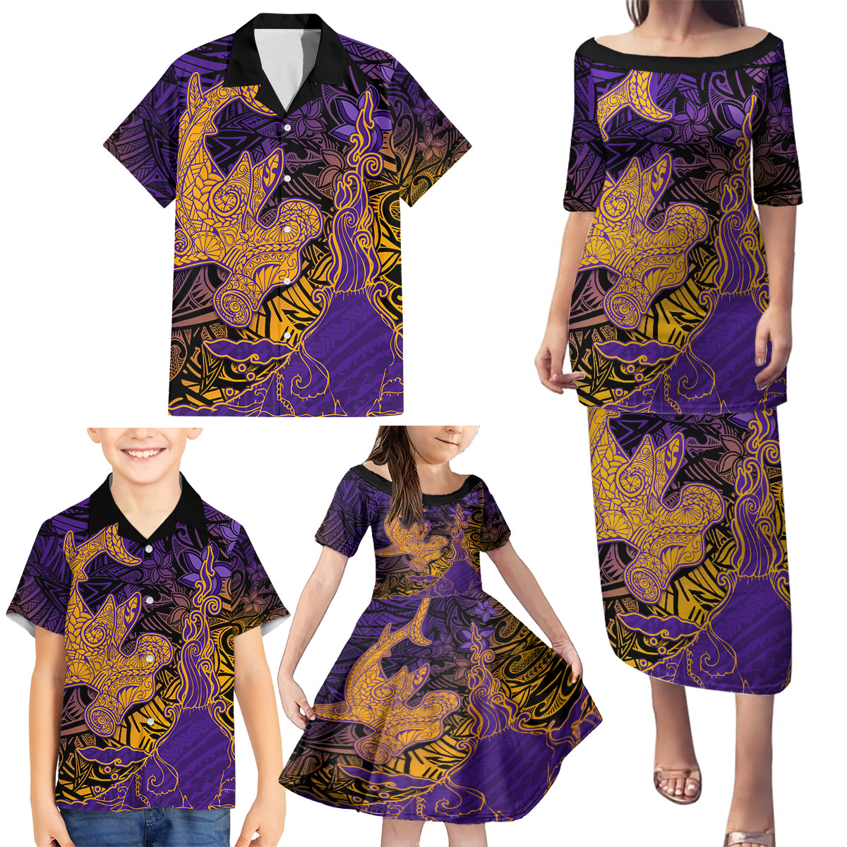 Hawaiian Volcano and Shark Family Matching Puletasi and Hawaiian Shirt Polynesian and Hibiscus Pattern Purple Yellow Gradient