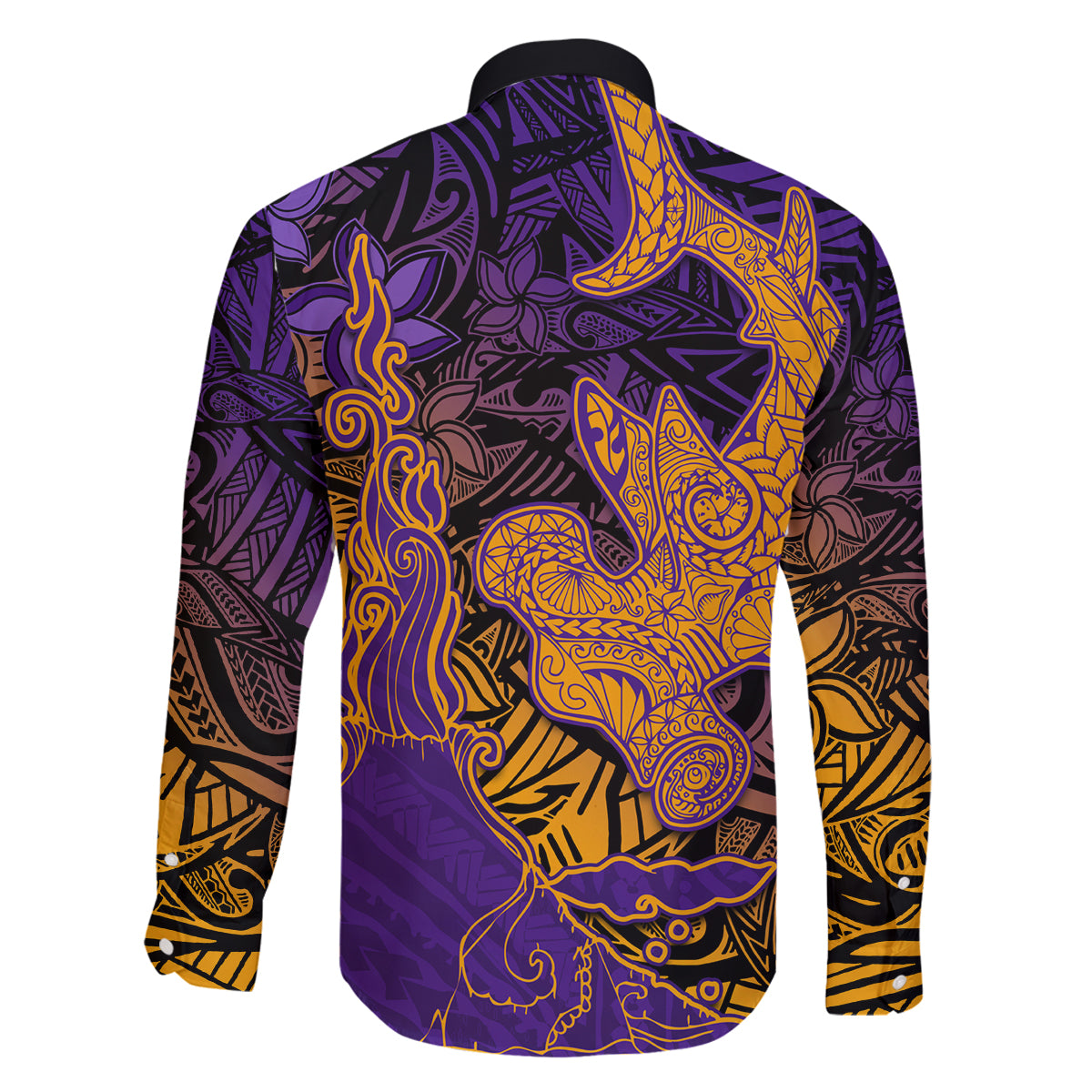 Hawaiian Volcano and Shark Family Matching Puletasi and Hawaiian Shirt Polynesian and Hibiscus Pattern Purple Yellow Gradient