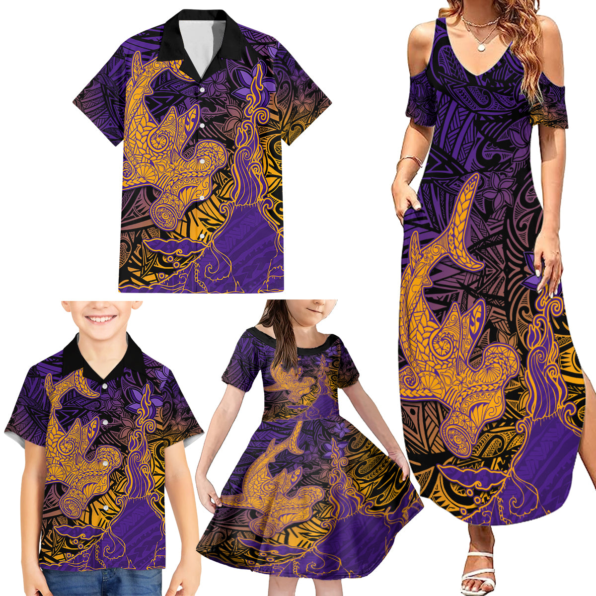 Hawaiian Volcano and Shark Family Matching Summer Maxi Dress and Hawaiian Shirt Polynesian and Hibiscus Pattern Purple Yellow Gradient