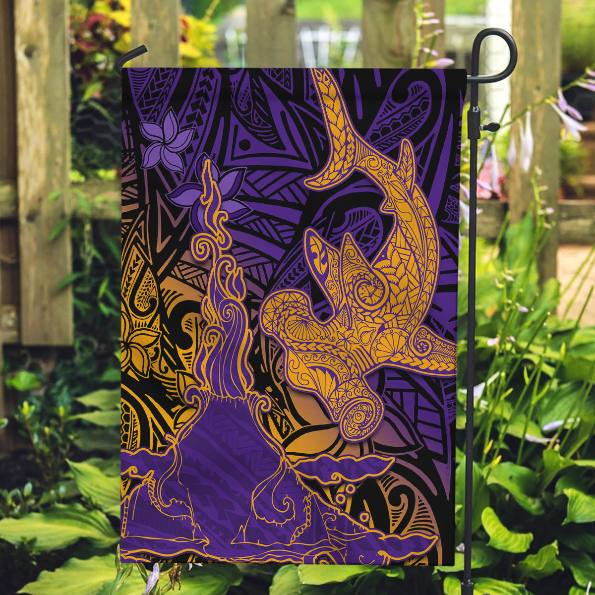 Hawaiian Volcano and Shark Garden Flag Polynesian and Hibiscus Pattern Purple Yellow Gradient