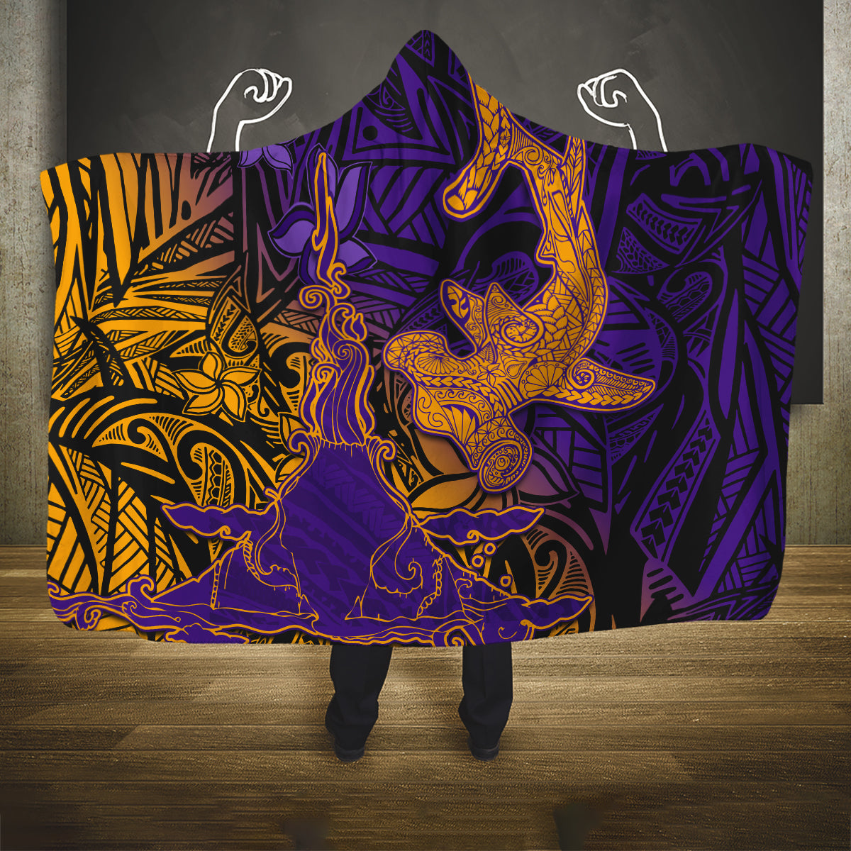 Hawaiian Volcano and Shark Hooded Blanket Polynesian and Hibiscus Pattern Purple Yellow Gradient