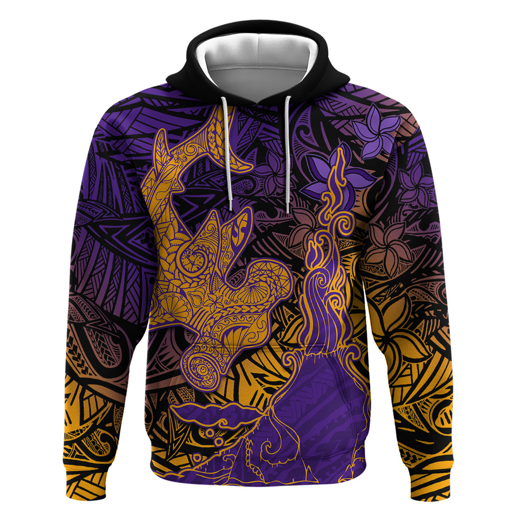 Hawaiian Volcano and Shark Hoodie Polynesian and Hibiscus Pattern Purple Yellow Gradient