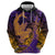 Hawaiian Volcano and Shark Hoodie Polynesian and Hibiscus Pattern Purple Yellow Gradient