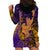 Hawaiian Volcano and Shark Hoodie Dress Polynesian and Hibiscus Pattern Purple Yellow Gradient