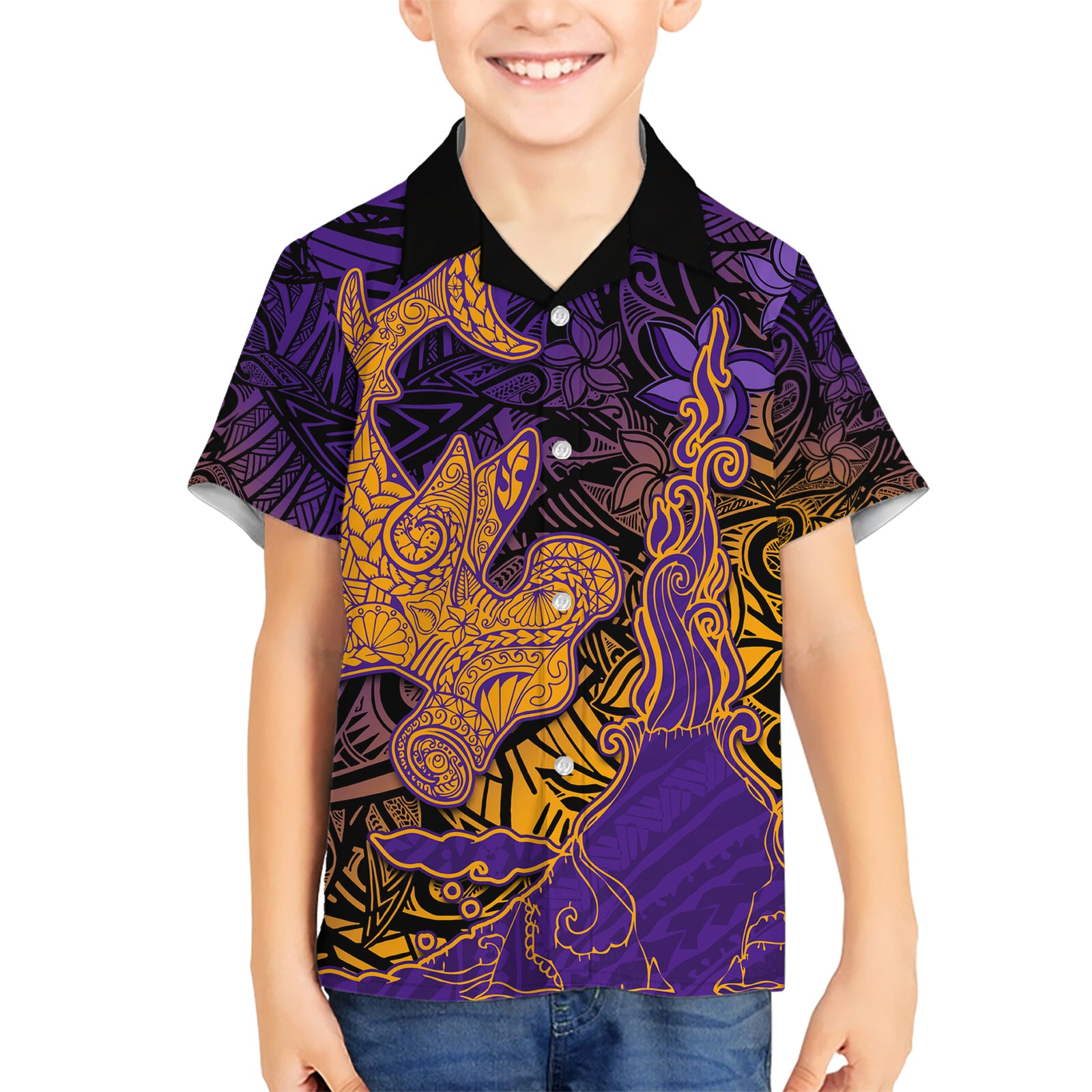 Hawaiian Volcano and Shark Kid Hawaiian Shirt Polynesian and Hibiscus Pattern Purple Yellow Gradient
