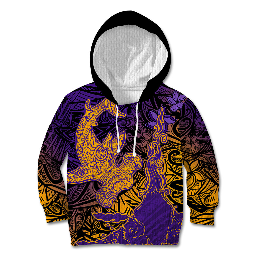 Hawaiian Volcano and Shark Kid Hoodie Polynesian and Hibiscus Pattern Purple Yellow Gradient