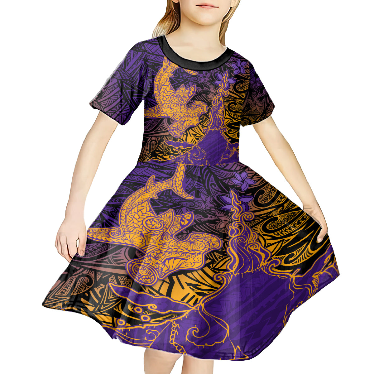 Hawaiian Volcano and Shark Kid Short Sleeve Dress Polynesian and Hibiscus Pattern Purple Yellow Gradient