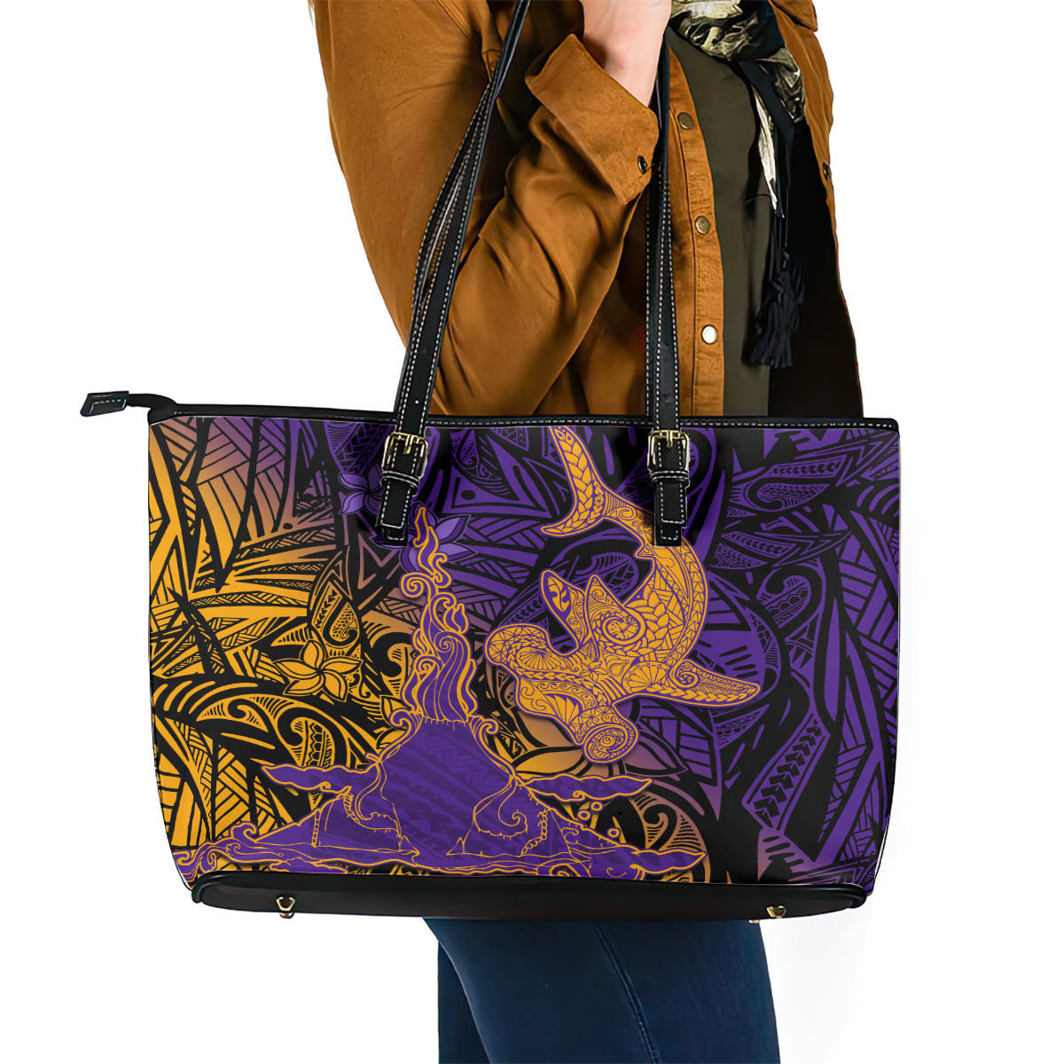 Hawaiian Volcano and Shark Leather Tote Bag Polynesian and Hibiscus Pattern Purple Yellow Gradient