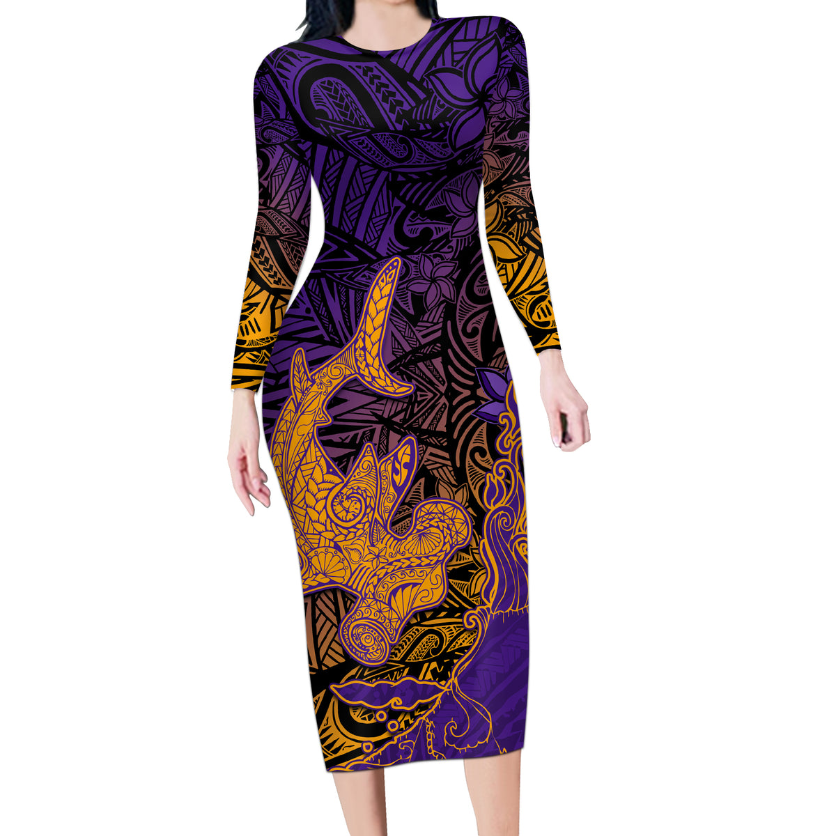 Hawaiian Volcano and Shark Long Sleeve Bodycon Dress Polynesian and Hibiscus Pattern Purple Yellow Gradient