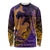 Hawaiian Volcano and Shark Long Sleeve Shirt Polynesian and Hibiscus Pattern Purple Yellow Gradient