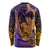 Hawaiian Volcano and Shark Long Sleeve Shirt Polynesian and Hibiscus Pattern Purple Yellow Gradient