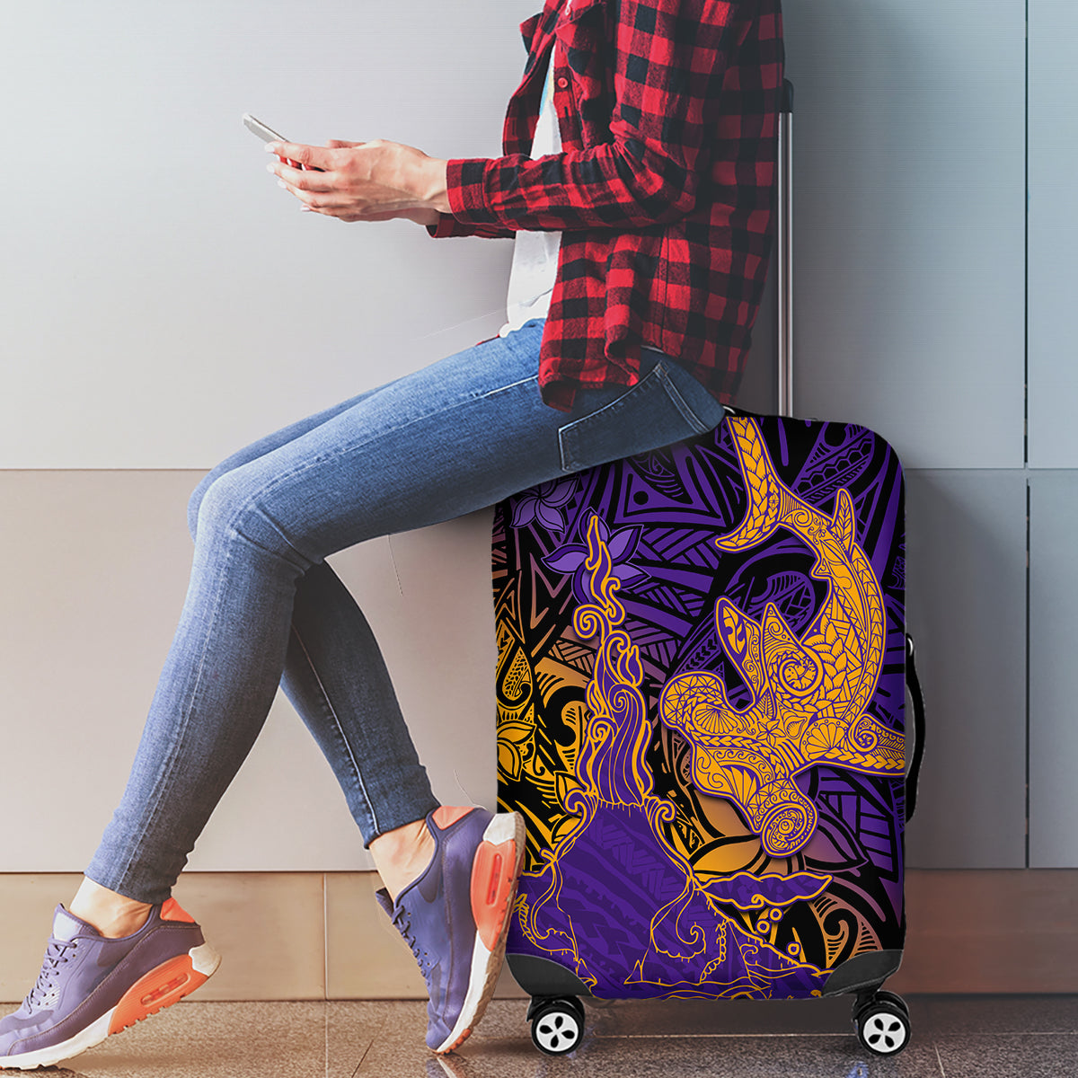 Hawaiian Volcano and Shark Luggage Cover Polynesian and Hibiscus Pattern Purple Yellow Gradient