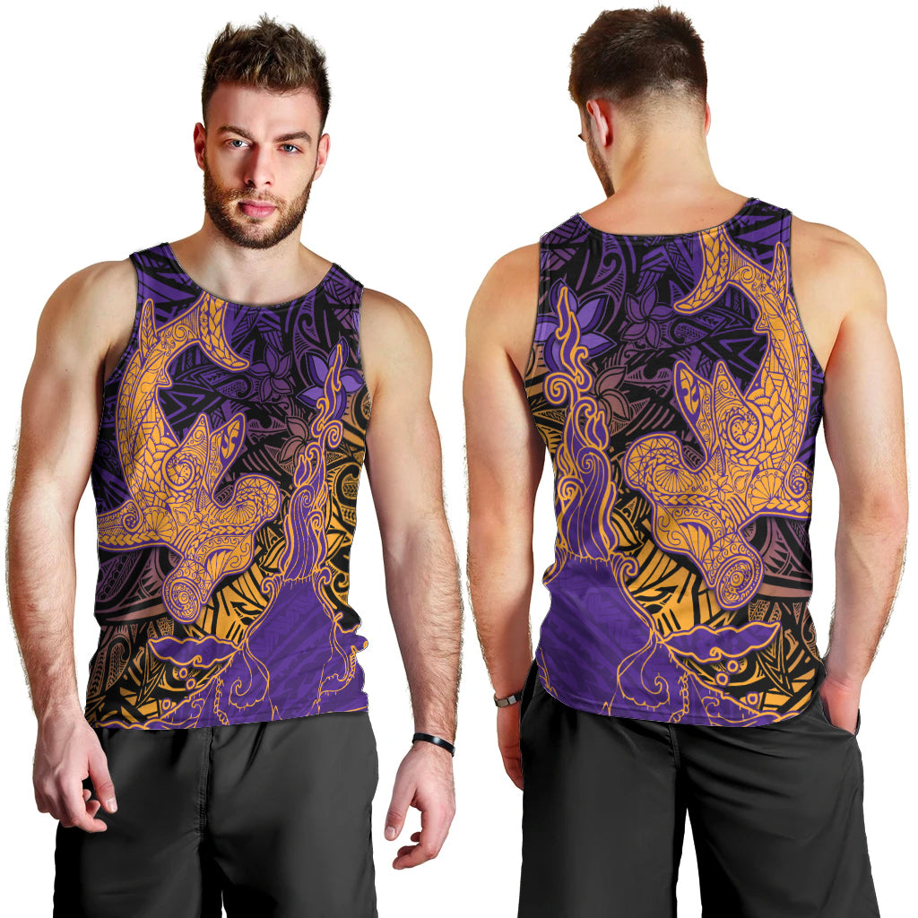 Hawaiian Volcano and Shark Men Tank Top Polynesian and Hibiscus Pattern Purple Yellow Gradient